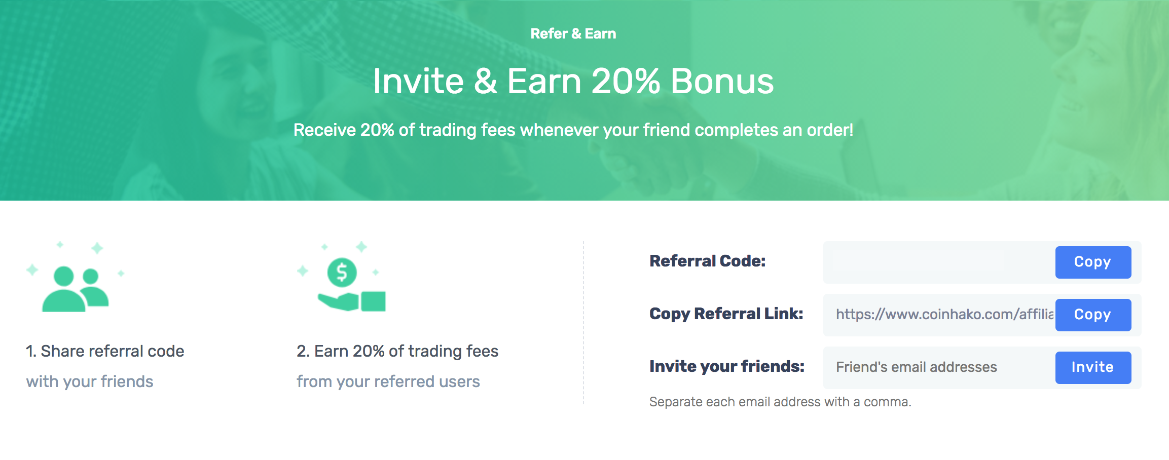Refer and earn a 20% bonus at Coinhako!